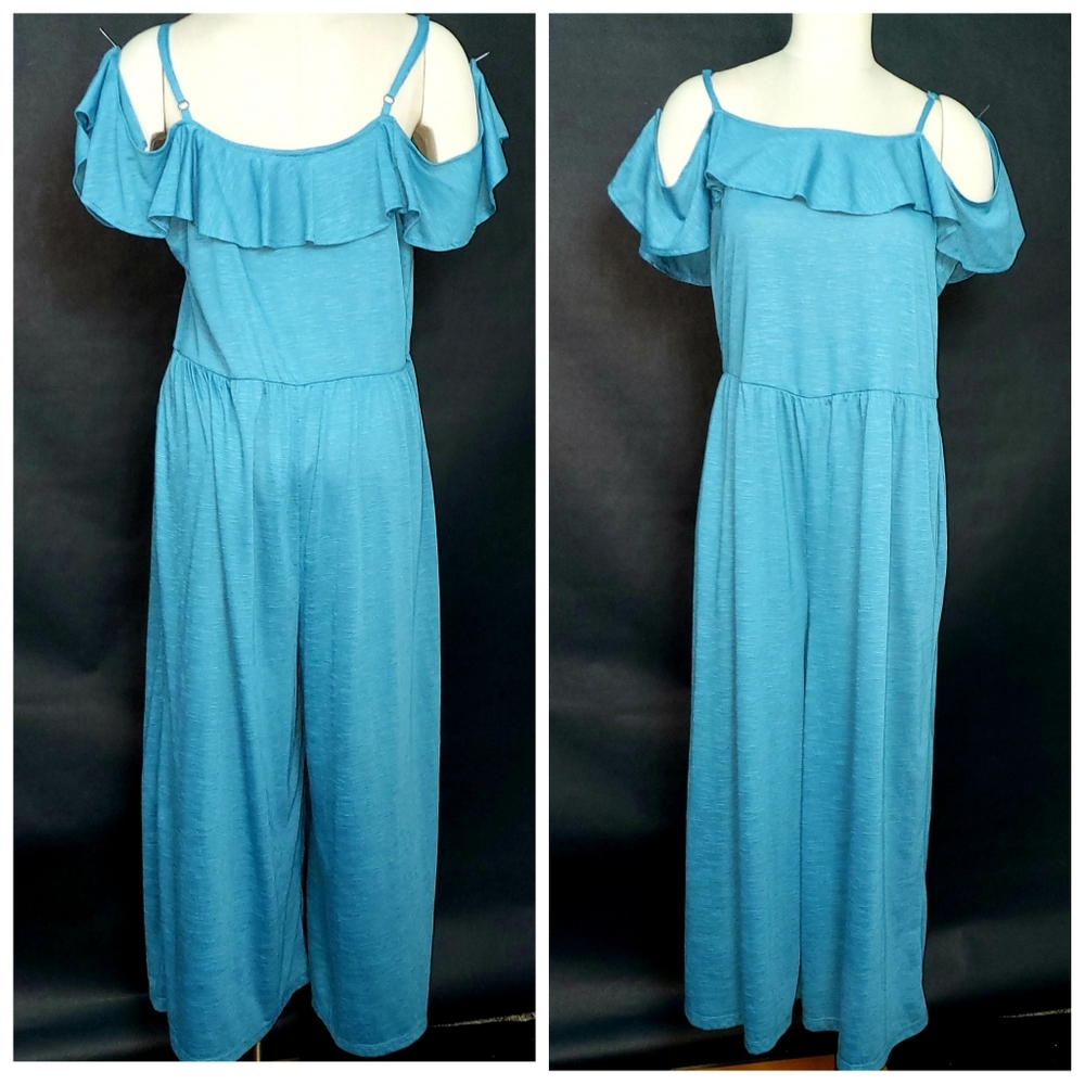 Time & Tru Blue JUMPSUIT Off shoulder XL